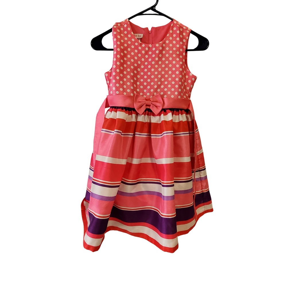 Jessica Ann Girls Pink Polka Dot Striped Party Dress Size 10 R49735-DV